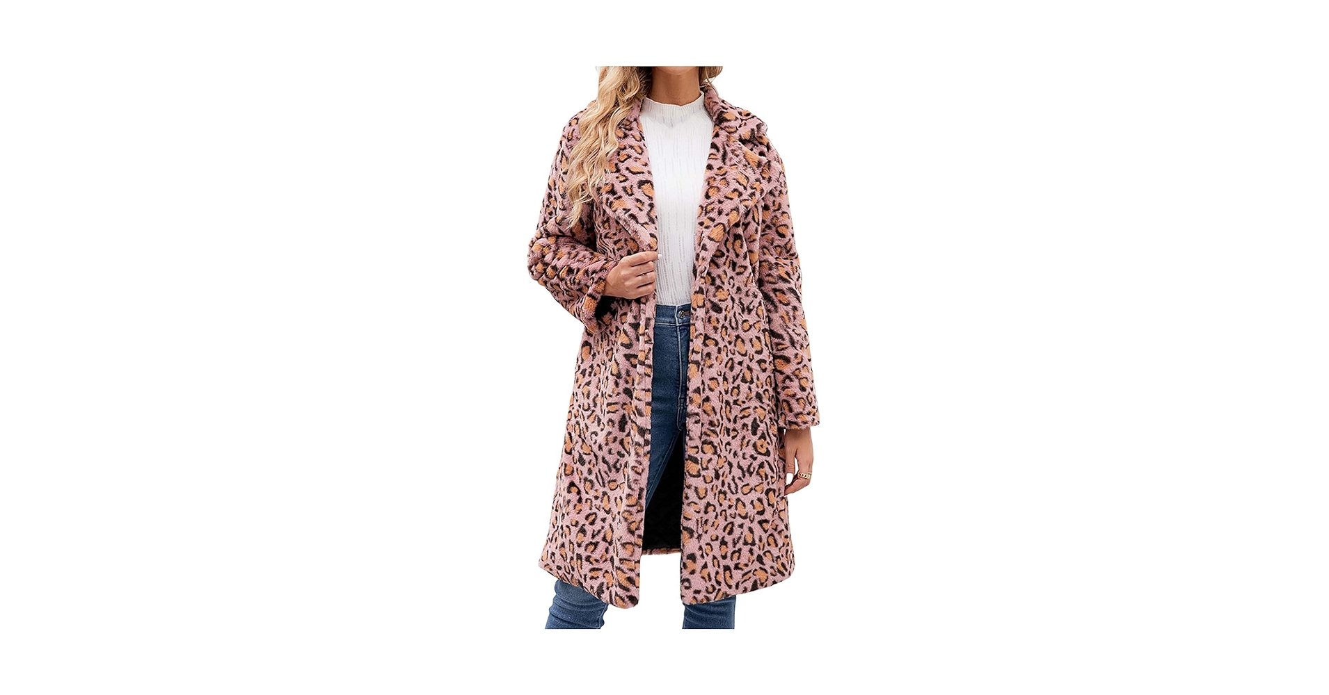 【fenon】 leopard long trench coat FITORON Women Faux Fur Coat- Overcoat Cardigan Long Sleeve